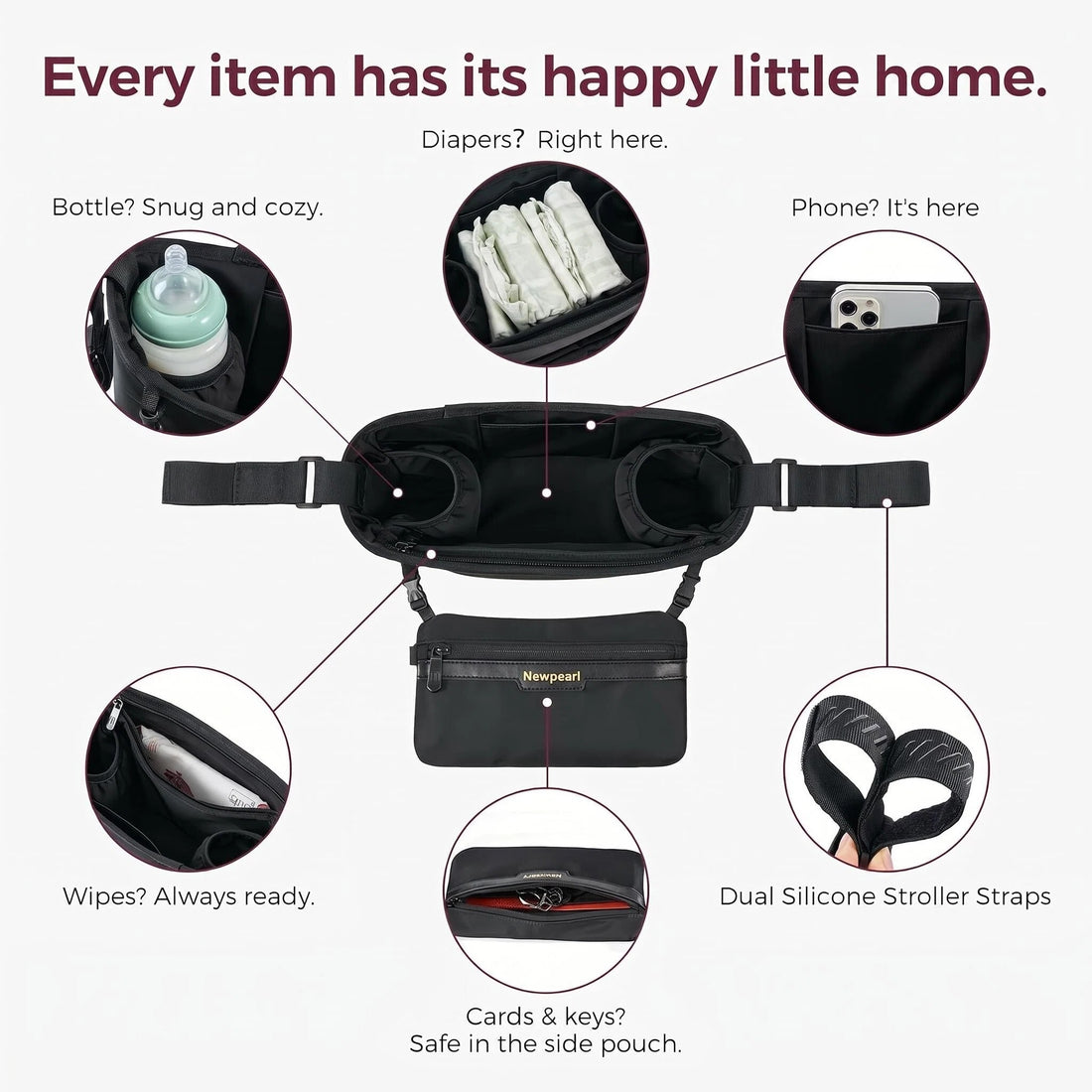 universal Stroller Organizer, Slim Stroller Caddy with 2 Insulated Cup Holders, Non-Slip Silicone Straps, Detachable Mini Pouch, Dense-Weave Parent Console