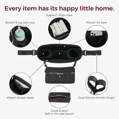 universal Stroller Organizer, Slim Stroller Caddy with 2 Insulated Cup Holders, Non-Slip Silicone Straps, Detachable Mini Pouch, Dense-Weave Parent Console