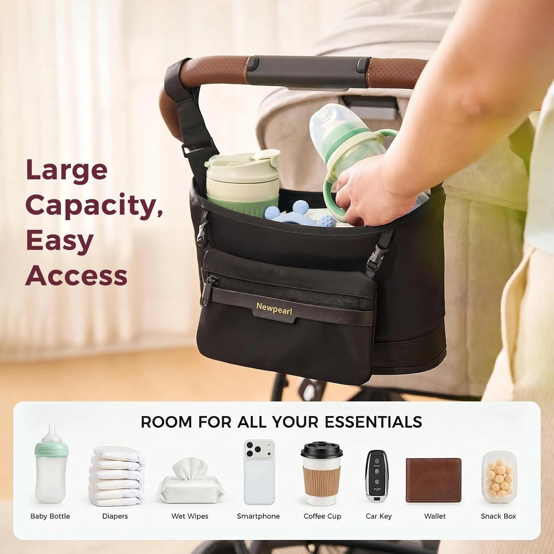 universal Stroller Organizer, Slim Stroller Caddy with 2 Insulated Cup Holders, Non-Slip Silicone Straps, Detachable Mini Pouch, Dense-Weave Parent Console