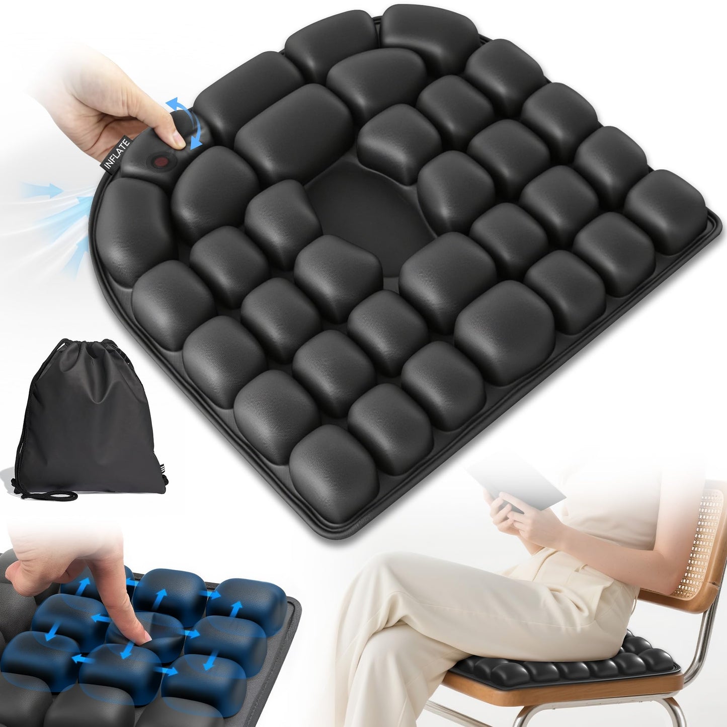 Upgrade Travel Cushion with No External Air Pump, Airplane Seat Cushion for Long Flights, Portable Wheelchair Cushions
