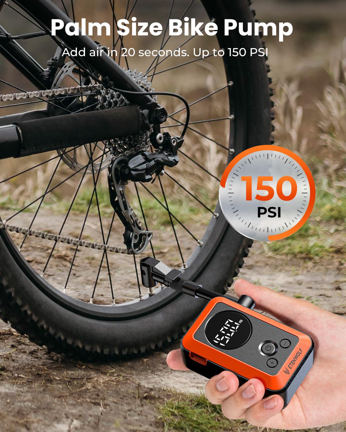 Mini Bike Pump,20s Fast Inflate Bicycle Pump with Guage,150PSI Portable Electric Bike Air Pump with Presta and Schrader Valve for Mountain Bike,Road Bike,Motorcycle,Car,Sport Ball