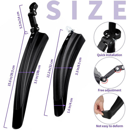 Bicycle Fender Set All-Weather Bike Mudguards Widened, Quick-Install Fenders for Mountain & City Bikes