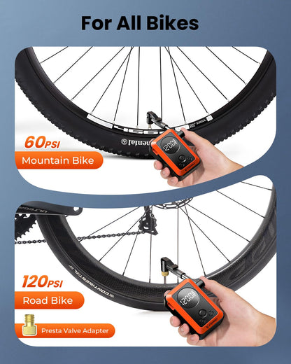 Mini Bike Pump,20s Fast Inflate Bicycle Pump with Guage,150PSI Portable Electric Bike Air Pump with Presta and Schrader Valve for Mountain Bike,Road Bike,Motorcycle,Car,Sport Ball