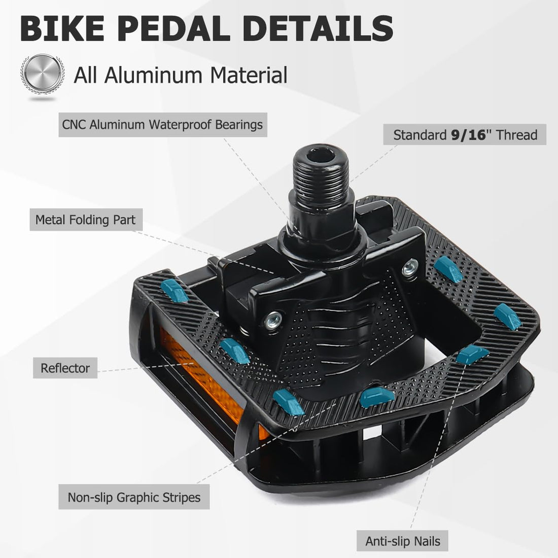 Mountain Bike Pedals CNC Aluminum Bicycle Flat Pedals, 9/16'' with Reflective Strips | Non-Slip | Waterproof | Wide Flat Cycling Pedals