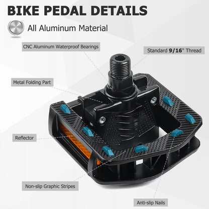 Mountain Bike Pedals CNC Aluminum Bicycle Flat Pedals, 9/16'' with Reflective Strips | Non-Slip | Waterproof | Wide Flat Cycling Pedals
