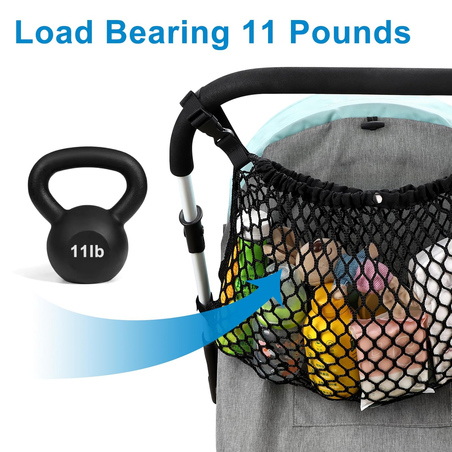 Stroller Organizer, Polyester Net Mesh Bag, Non-Slip Adjustable Stroller Mesh Cargo Net Storage Caddy Accessories