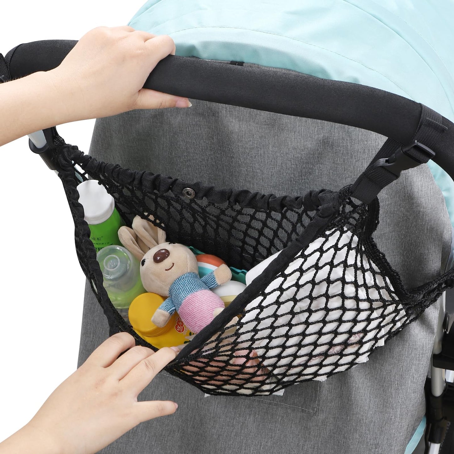 Stroller Organizer, Polyester Net Mesh Bag, Non-Slip Adjustable Stroller Mesh Cargo Net Storage Caddy Accessories