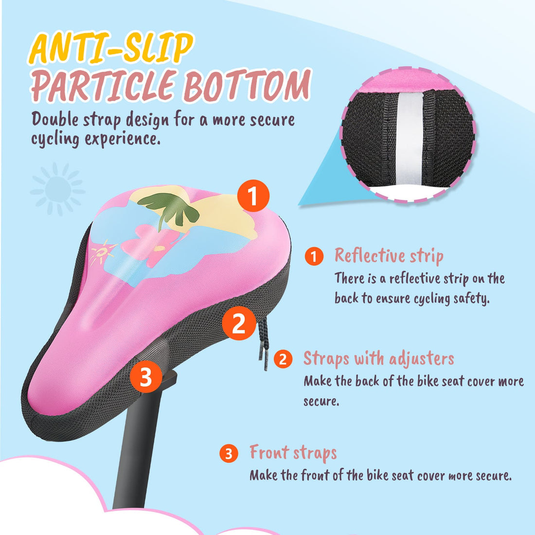 Reflective rear strip on pink kids bicycle seat cover