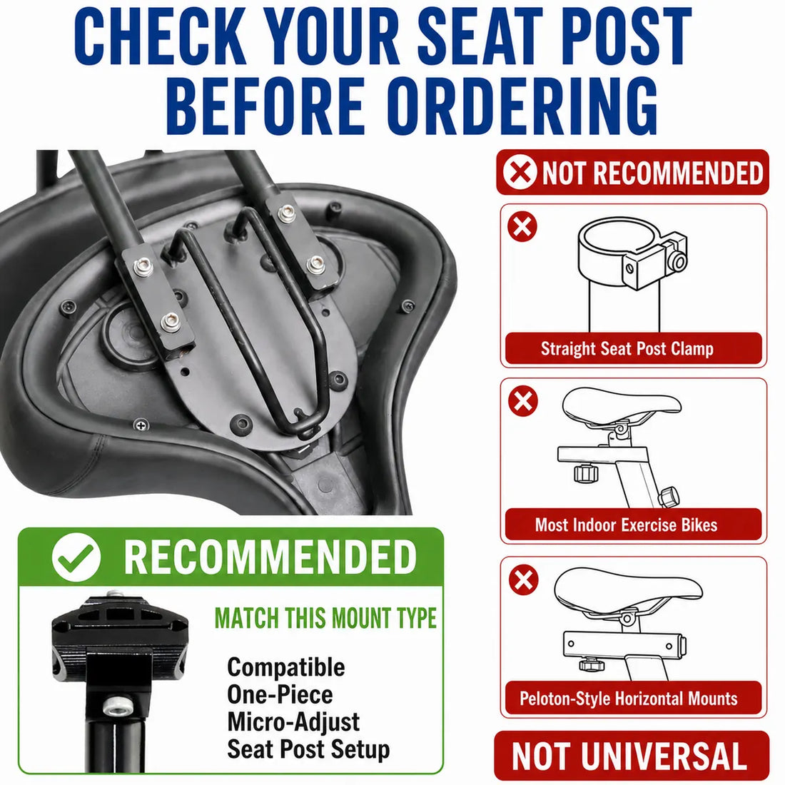Seat post compatibility warning for Newpearl bike seat with backrest