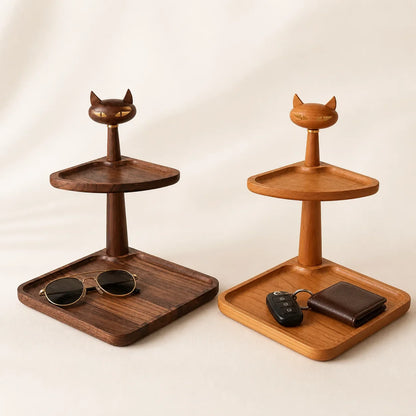 Double Tray wooden cat valet tray in walnut and cherry wood