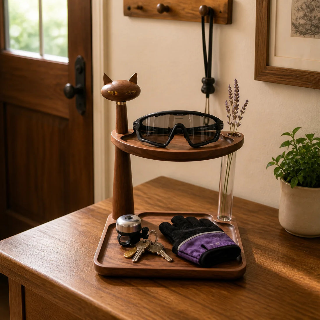 Walnut wood valet tray with upper glasses shelf and lower organizer tray