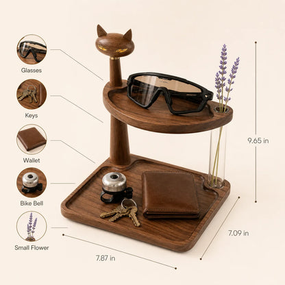 Wooden entryway organizer with clear flower tube and cycling glasses