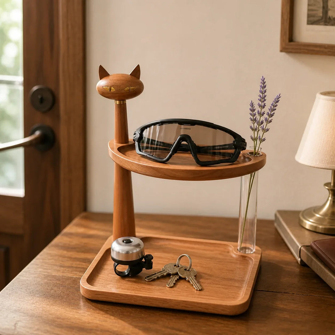 Cherry wood Flower Tube cat valet tray for cycling glasses and everyday gear