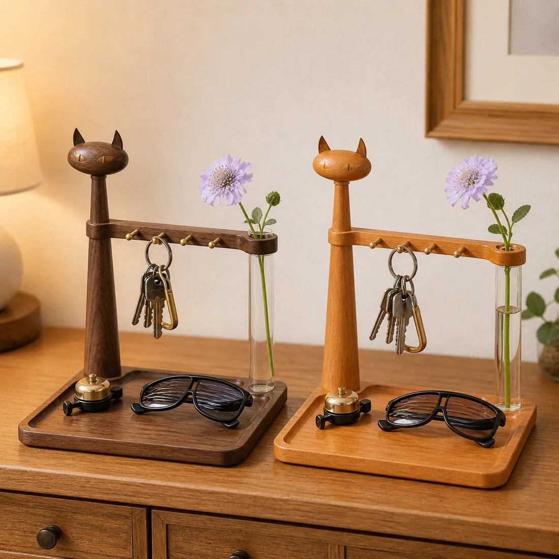 Hook Rail wooden cat valet tray in walnut and cherry wood with keys and cycling glasses