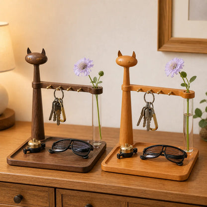 Hook Rail wooden cat valet tray in walnut and cherry wood with keys and cycling glasses