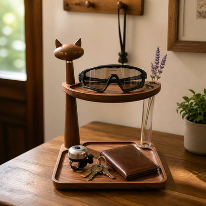 Wooden cat valet tray holding cycling glasses, keys, wallet, and bike bell