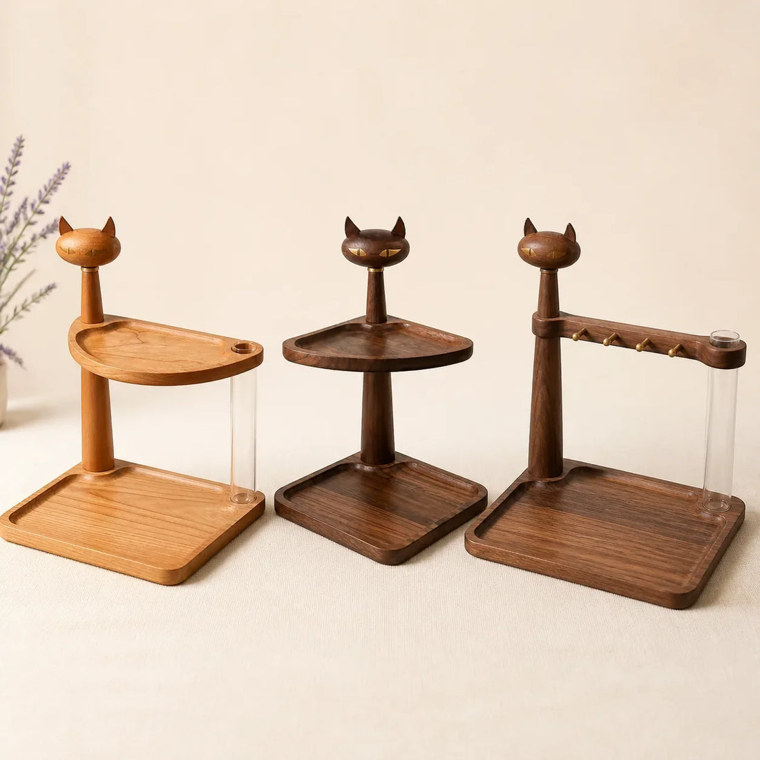 Three Newpearl wooden cat valet tray styles for glasses keys and small gear