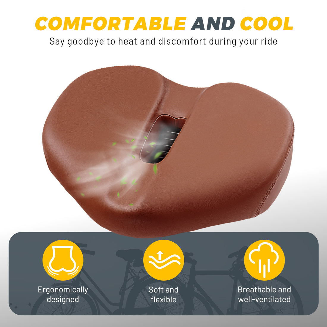 Brown wide bike seat with shock absorbing cushion