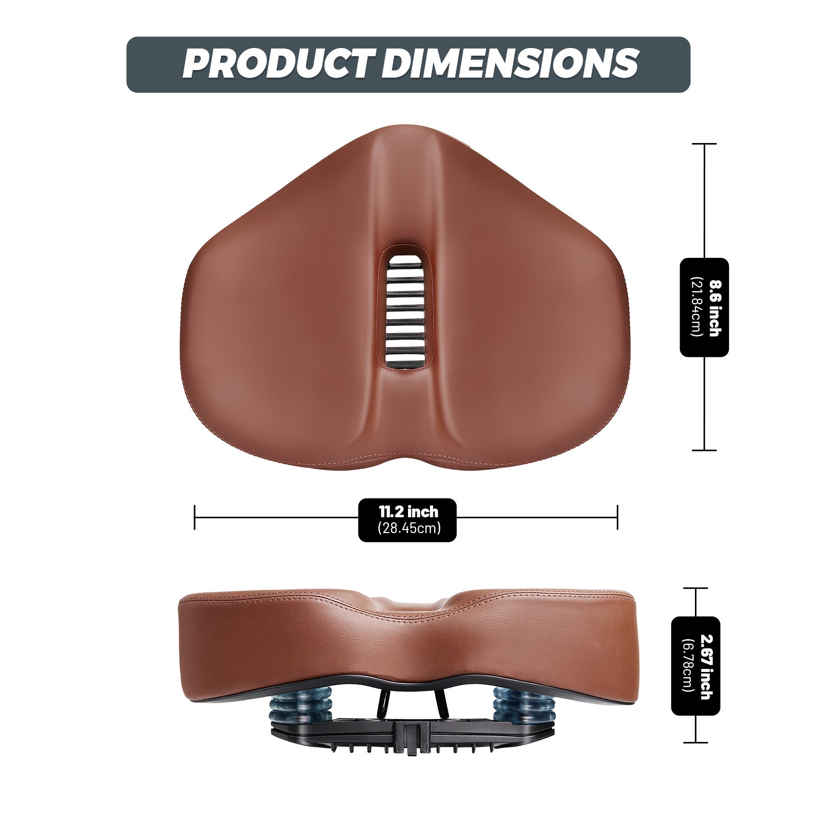 Wide brown bicycle saddle with reduced front profile