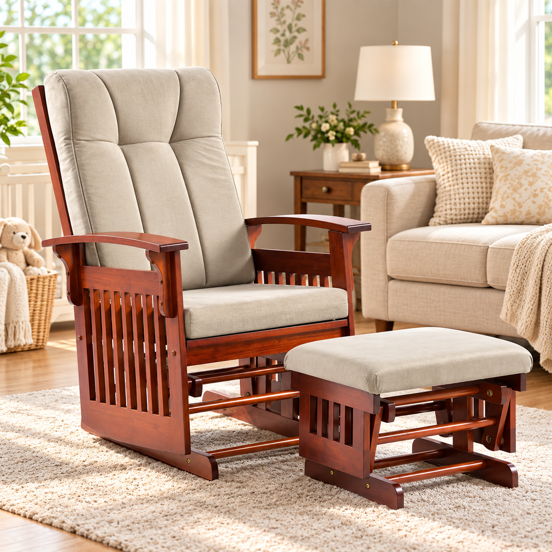 Upholstered Glider Rocking Chair with Ottoman, Solid Rubberwood Frame and Padded High Back, Brown/Beige