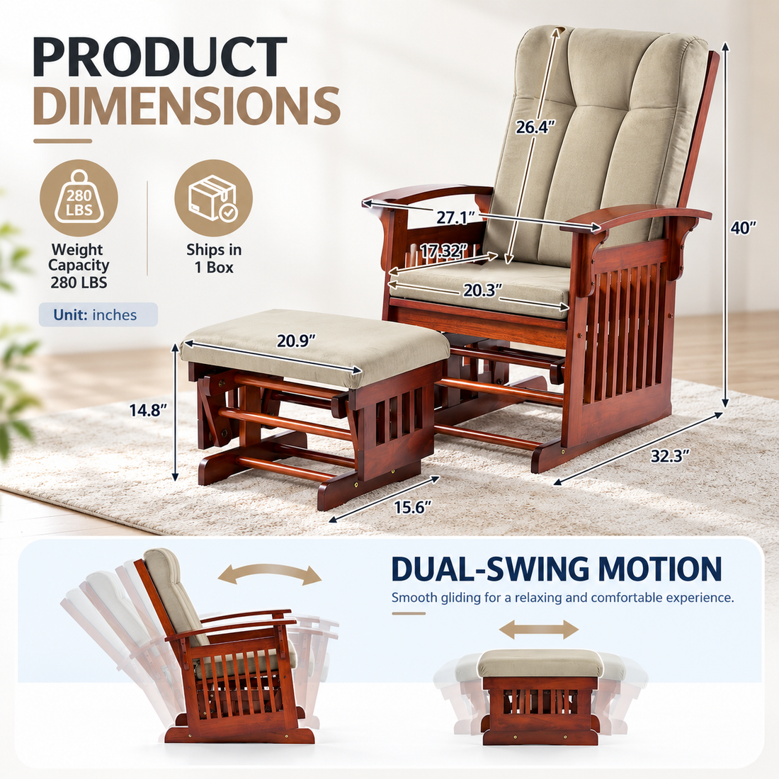 Upholstered Glider Rocking Chair with Ottoman, Solid Rubberwood Frame and Padded High Back, Brown/Beige