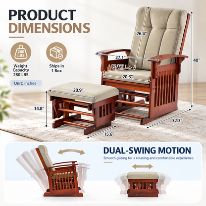 Upholstered Glider Rocking Chair with Ottoman, Solid Rubberwood Frame and Padded High Back, Brown/Beige