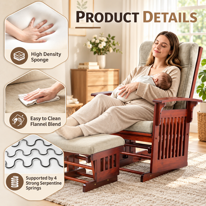 Upholstered Glider Rocking Chair with Ottoman, Solid Rubberwood Frame and Padded High Back, Brown/Beige