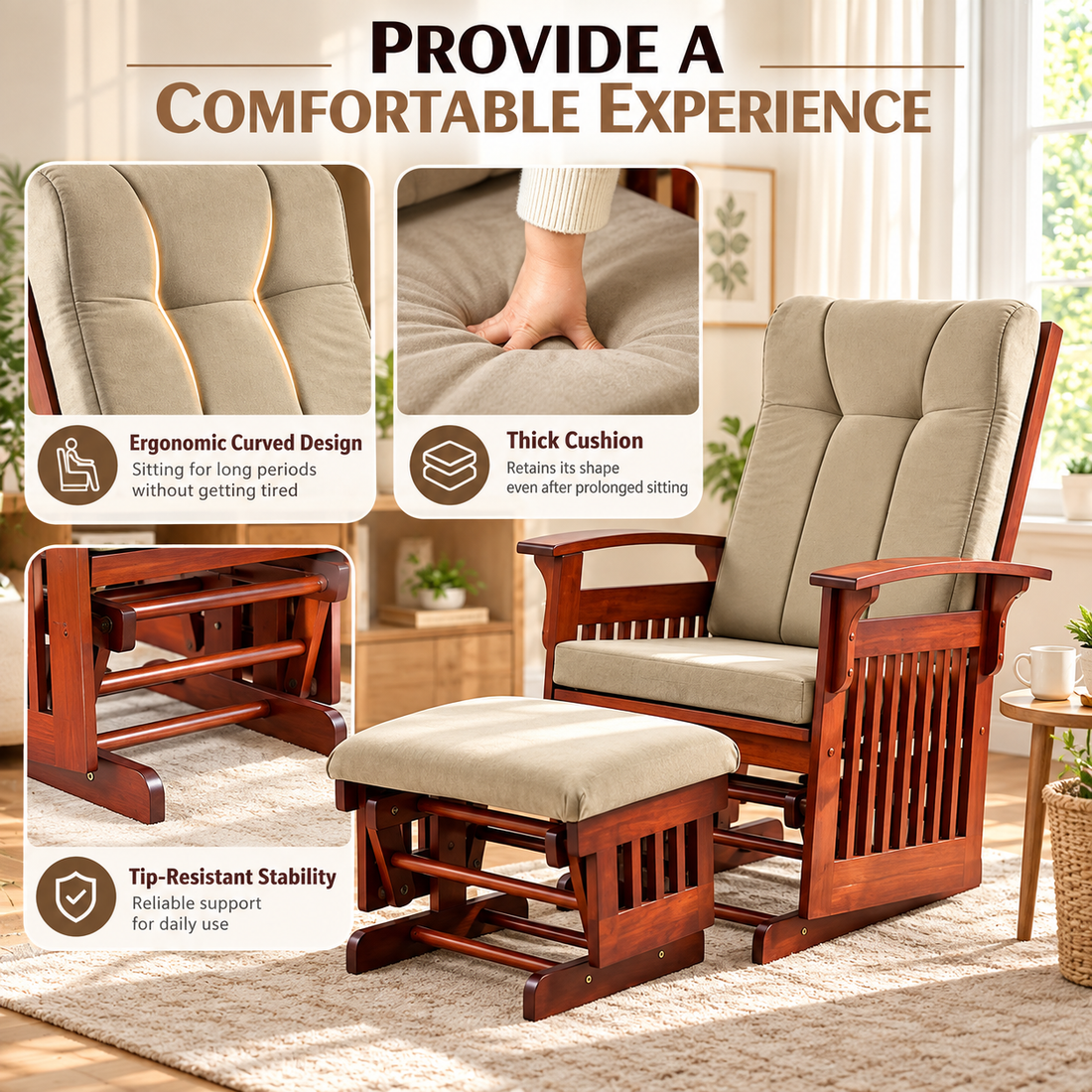 Upholstered Glider Rocking Chair with Ottoman, Solid Rubberwood Frame and Padded High Back, Brown/Beige