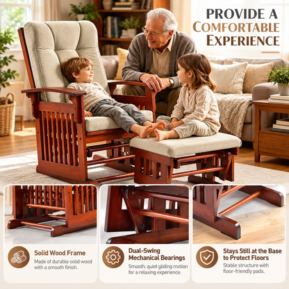 Upholstered Glider Rocking Chair with Ottoman, Solid Rubberwood Frame and Padded High Back, Brown/Beige