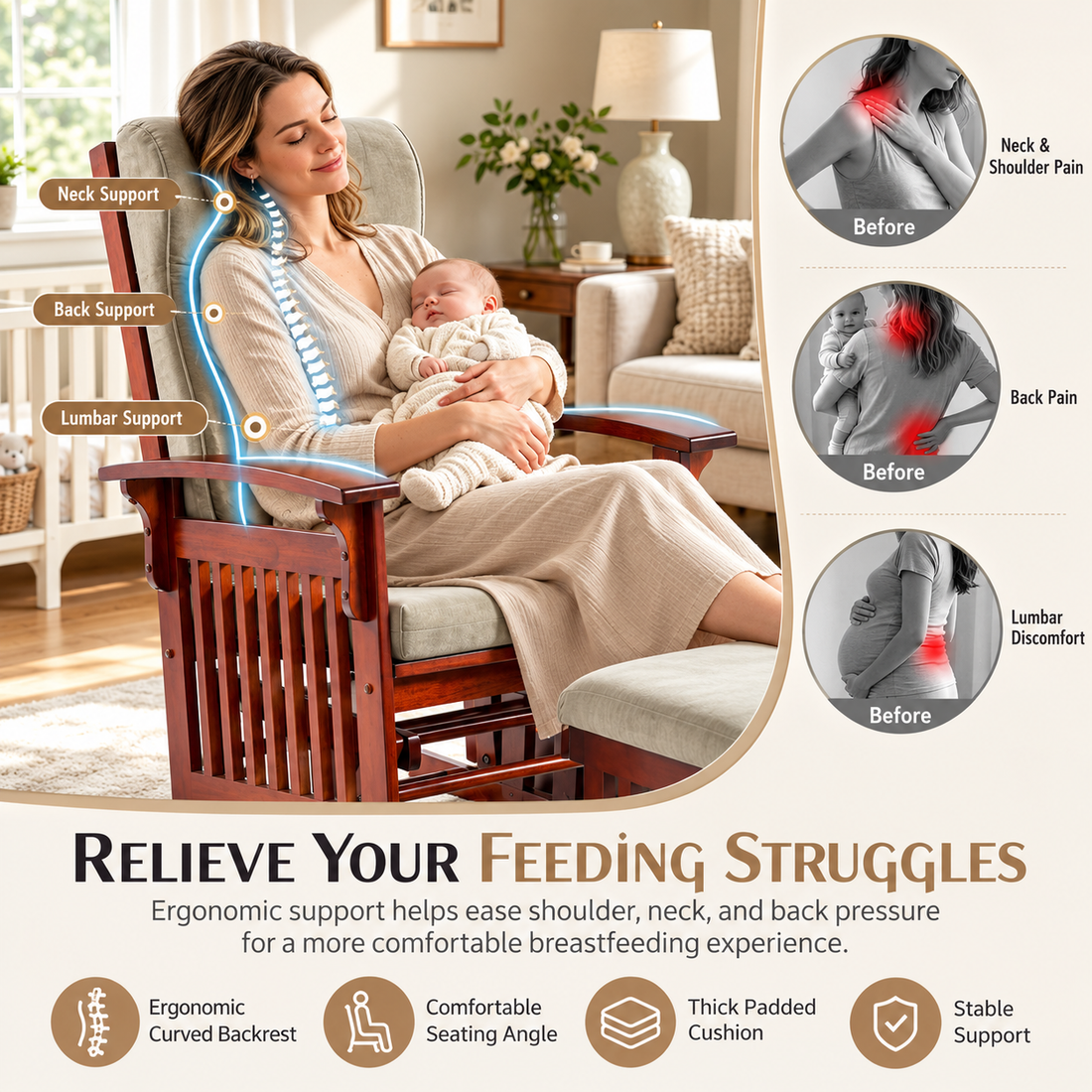 Upholstered Glider Rocking Chair with Ottoman, Solid Rubberwood Frame and Padded High Back, Brown/Beige