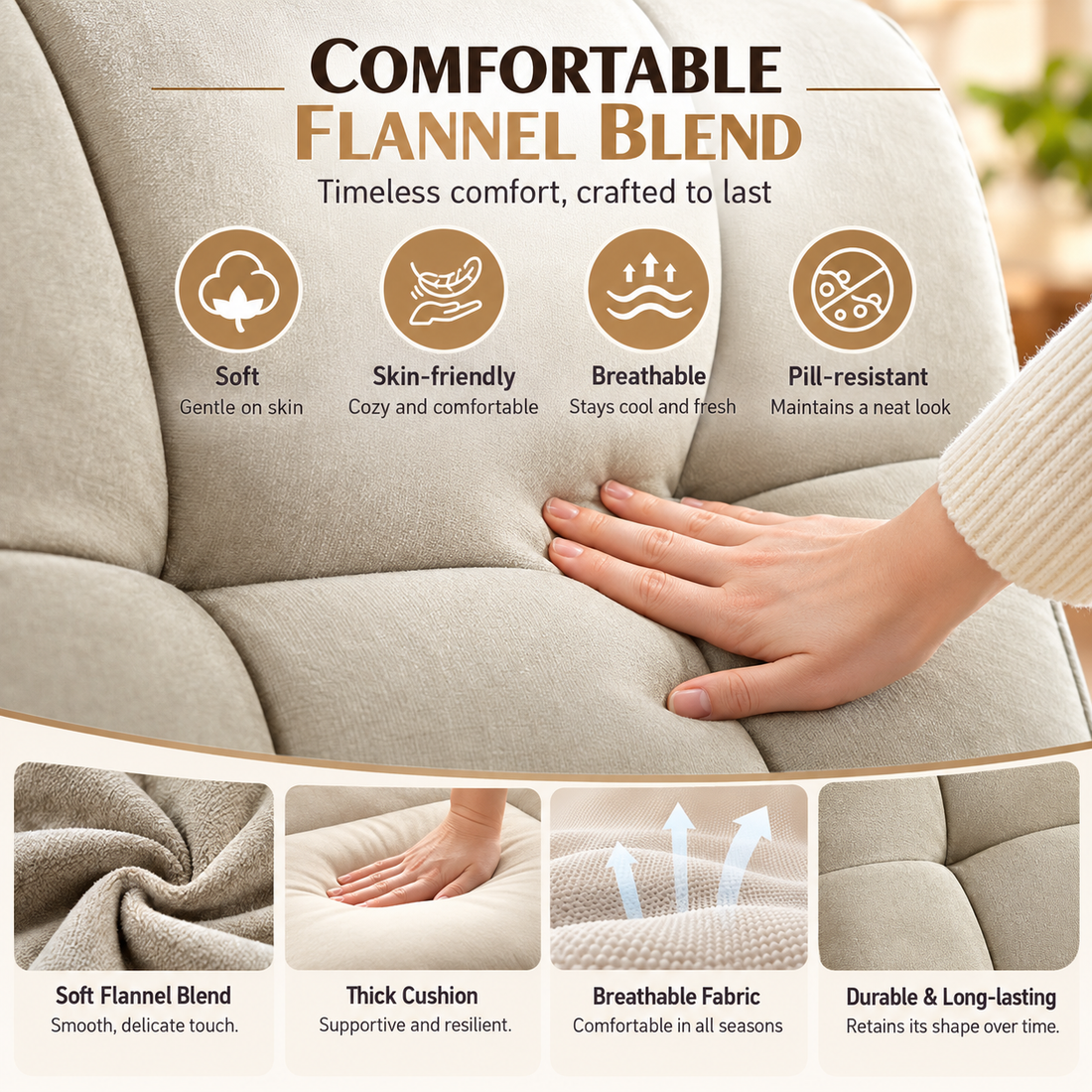 Upholstered Glider Rocking Chair with Ottoman, Solid Rubberwood Frame and Padded High Back, Brown/Beige