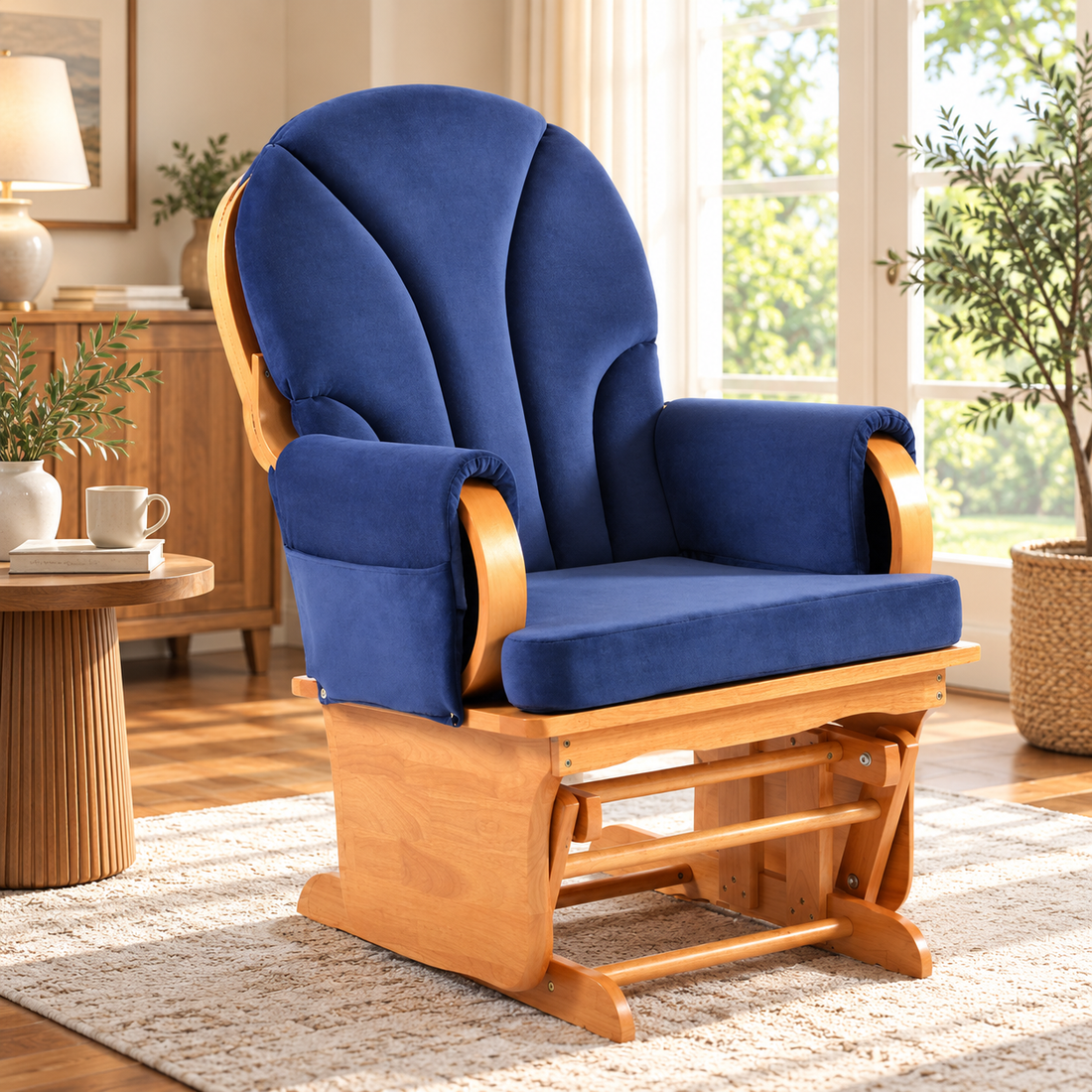 Upholstered Glider Rocking Chair with Solid Beech Wood Base, Padded Backrest and Storage Pockets, Blue/Natural