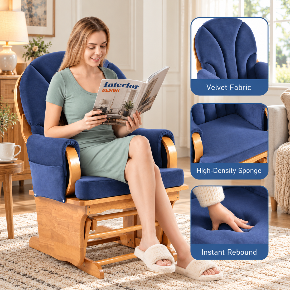 Upholstered Glider Rocking Chair with Solid Beech Wood Base, Padded Backrest and Storage Pockets, Blue/Natural