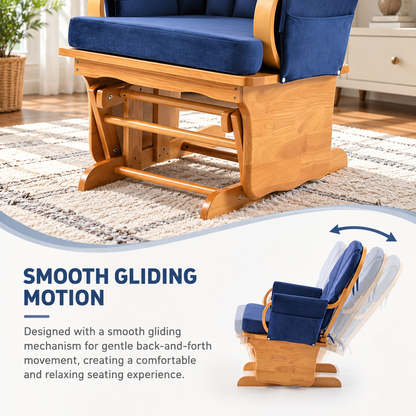 Upholstered Glider Rocking Chair with Solid Beech Wood Base, Padded Backrest and Storage Pockets, Blue/Natural