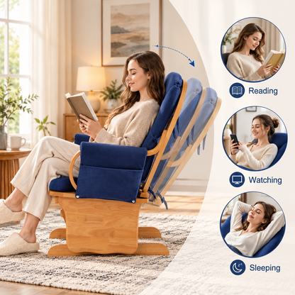 Upholstered Glider Rocking Chair with Solid Beech Wood Base, Padded Backrest and Storage Pockets, Blue/Natural