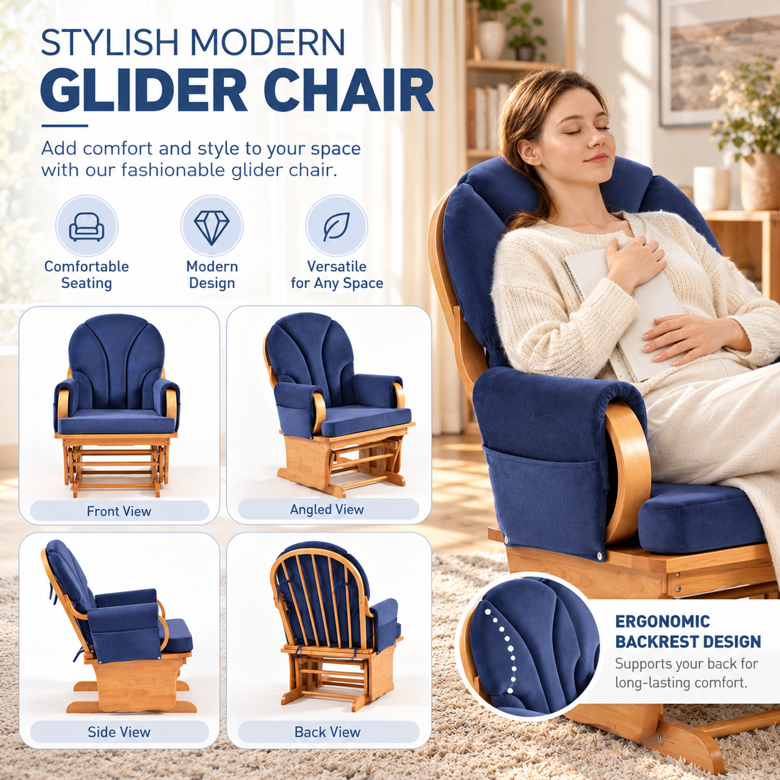 Upholstered Glider Rocking Chair with Solid Beech Wood Base, Padded Backrest and Storage Pockets, Blue/Natural