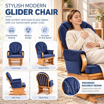 Upholstered Glider Rocking Chair with Solid Beech Wood Base, Padded Backrest and Storage Pockets, Blue/Natural