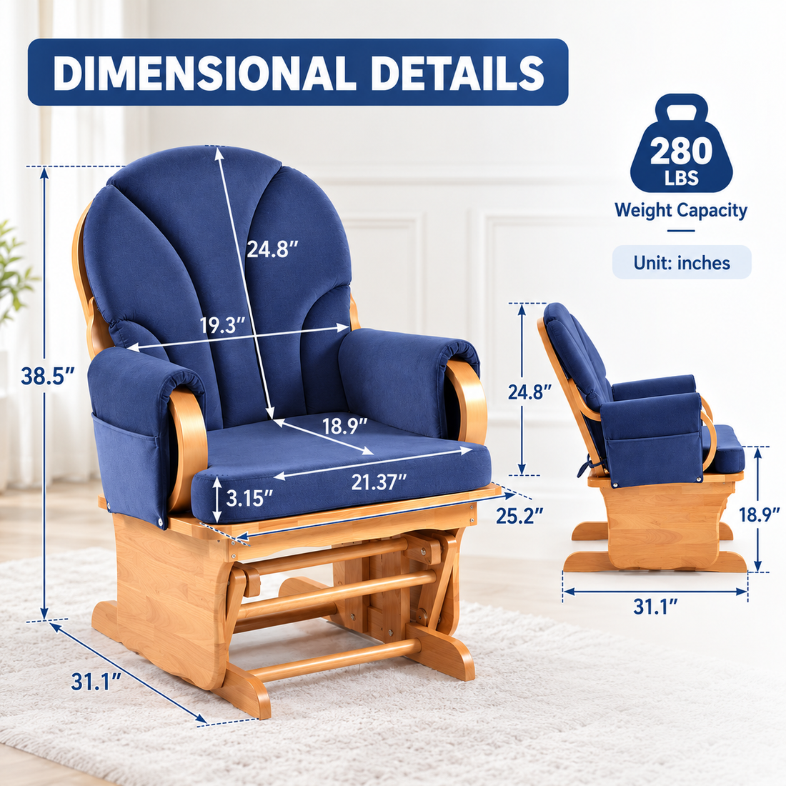 Upholstered Glider Rocking Chair with Solid Beech Wood Base, Padded Backrest and Storage Pockets, Blue/Natural