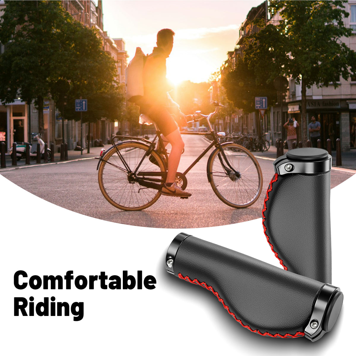 Newpearl black vintage cruiser bike grips with red stitch detail
